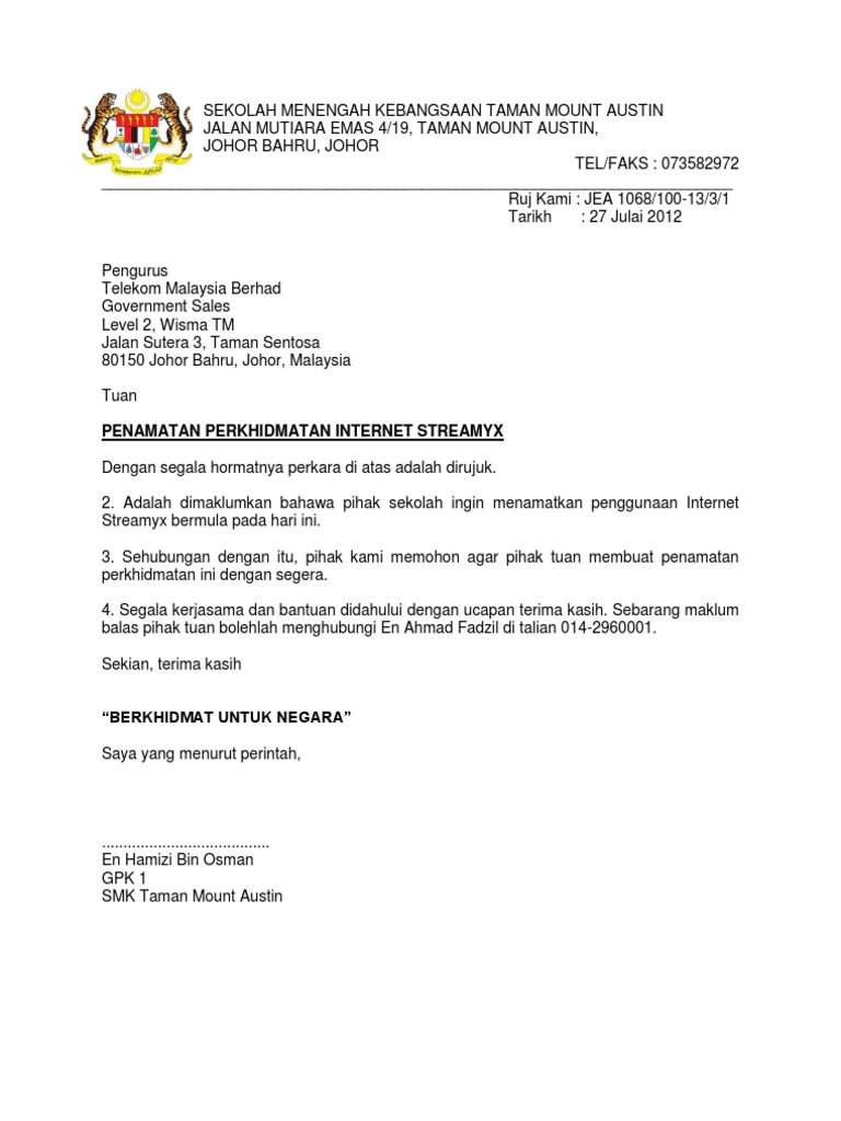 Contoh Surat Memberhentikan Perkhidmatan