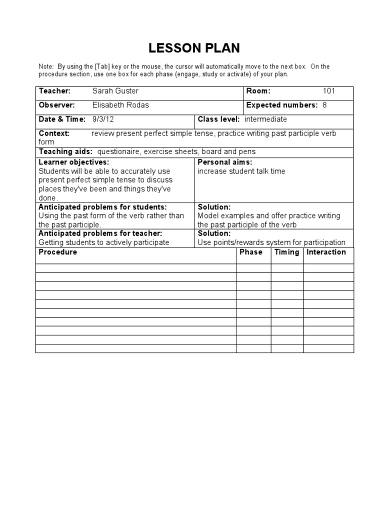 Tefl Lesson Plan Examples