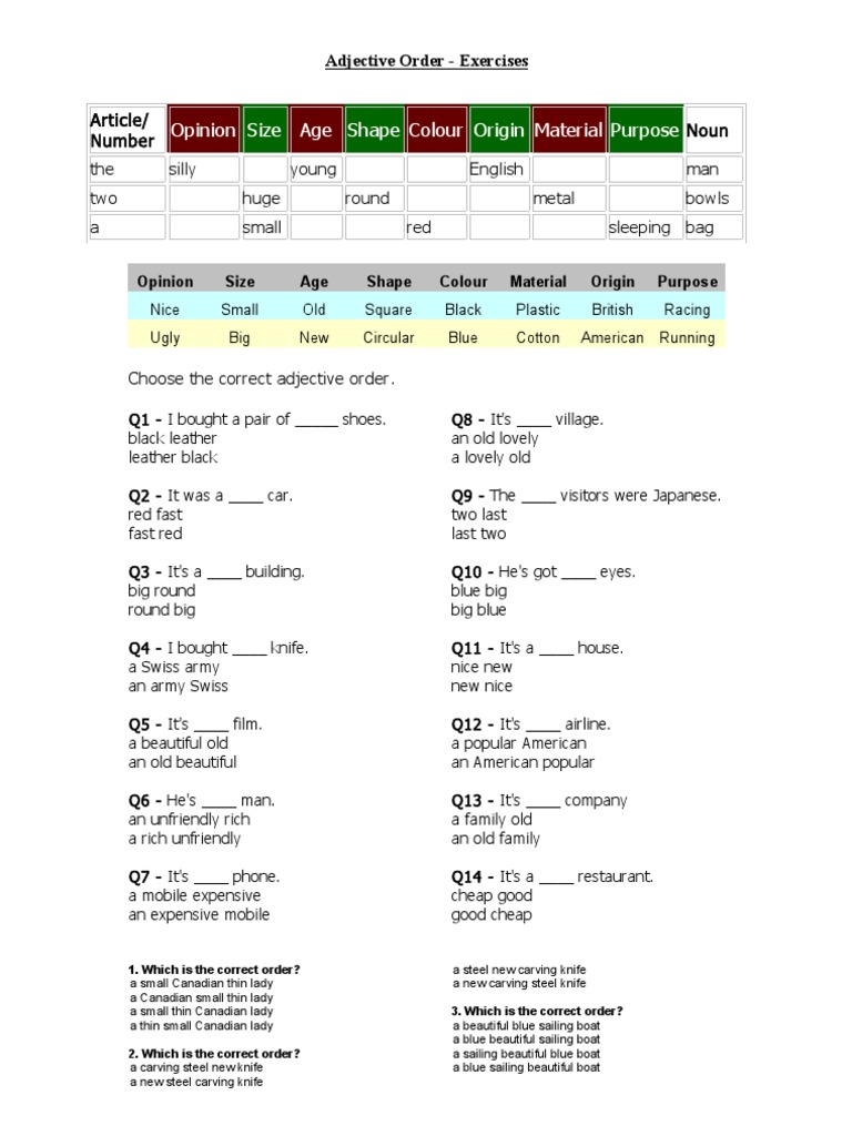 Adjective Order Exercises Adjective Knife