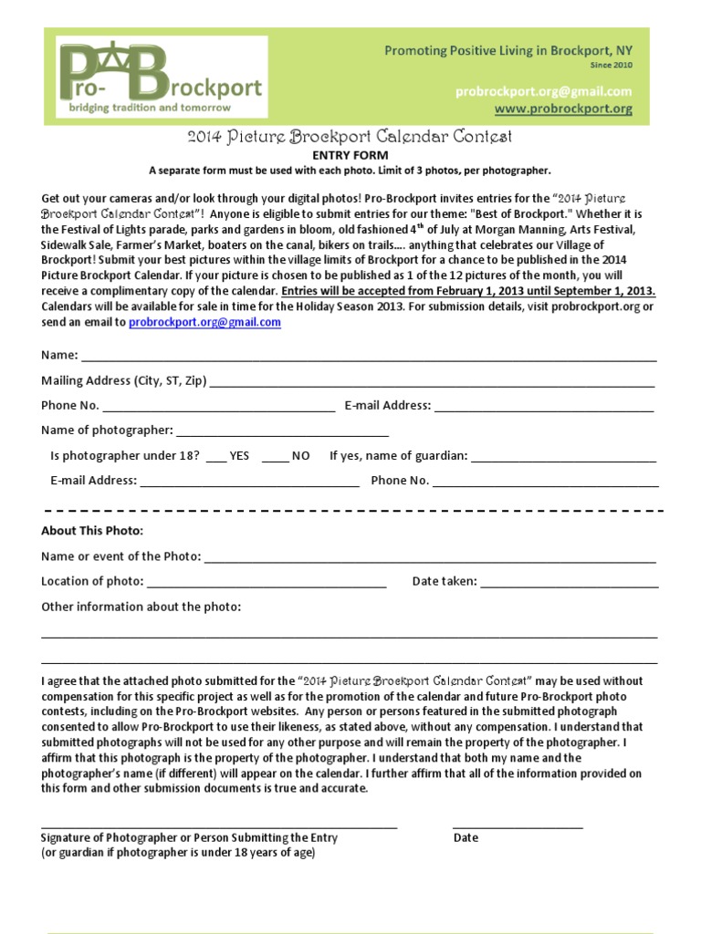 2014 Picture Brockport Calendar Contest Entry Model Release Forms