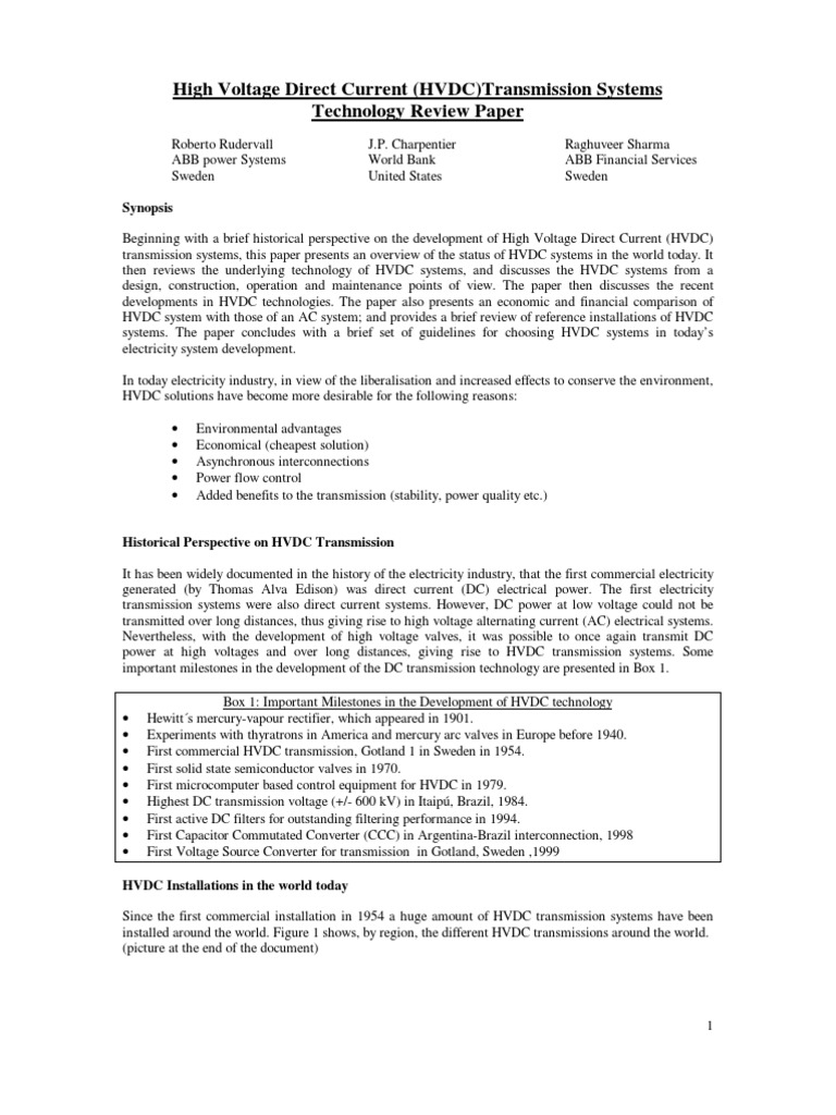 High Voltage Direct Current Transmission System Technology Overview ...