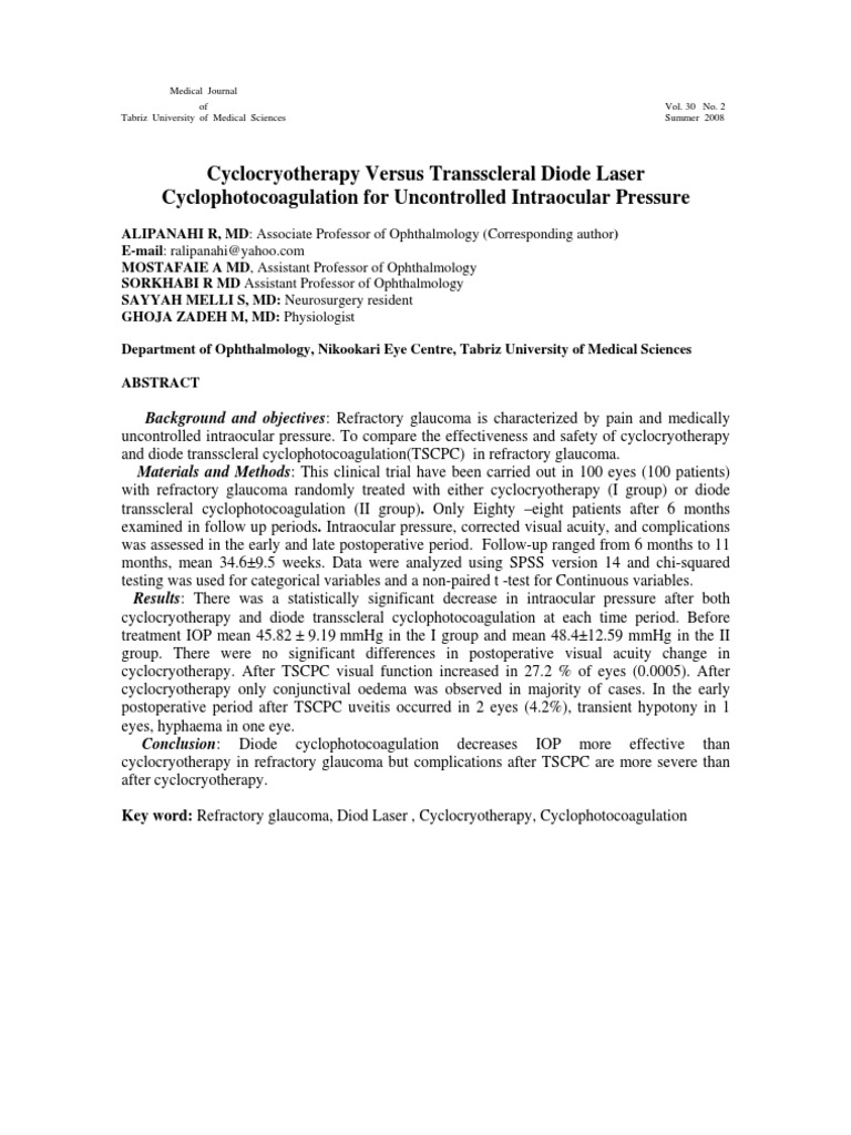 Cyclocryotherapy Versus Transscleral Diode Laser Cyclophotocoagulation