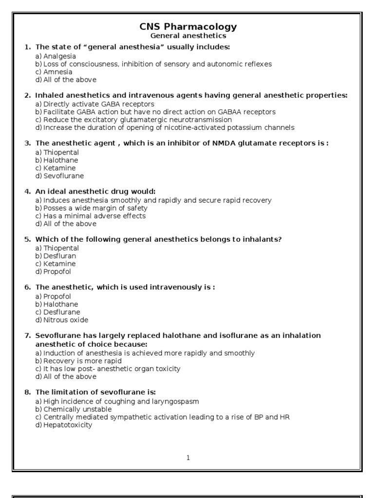 MCQ General Anesthetics PDF Anesthesia Drugs Acting On The