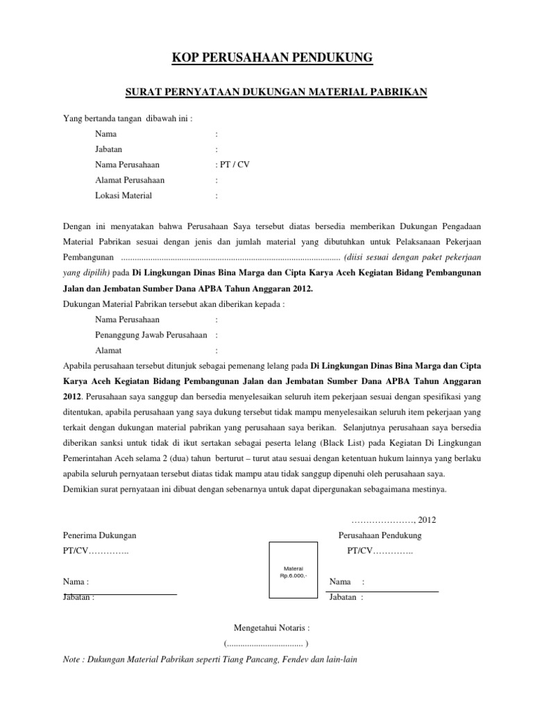 Surat Dukungan Pabrikan Material