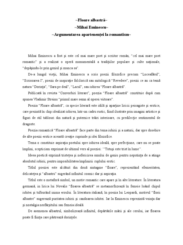 Floarea albastra de Mihai Eminescu (eseu)