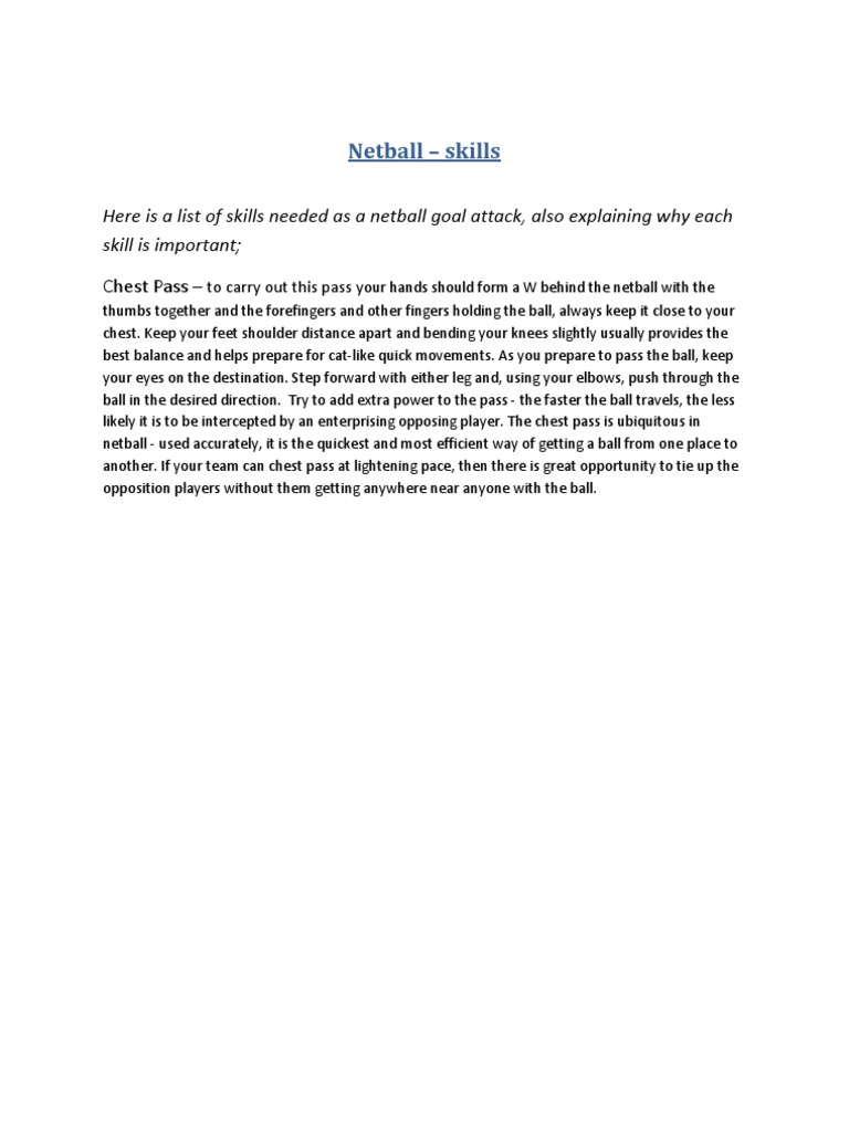 Netball Skills Here Is A List of Skills Needed As A Netball Goal