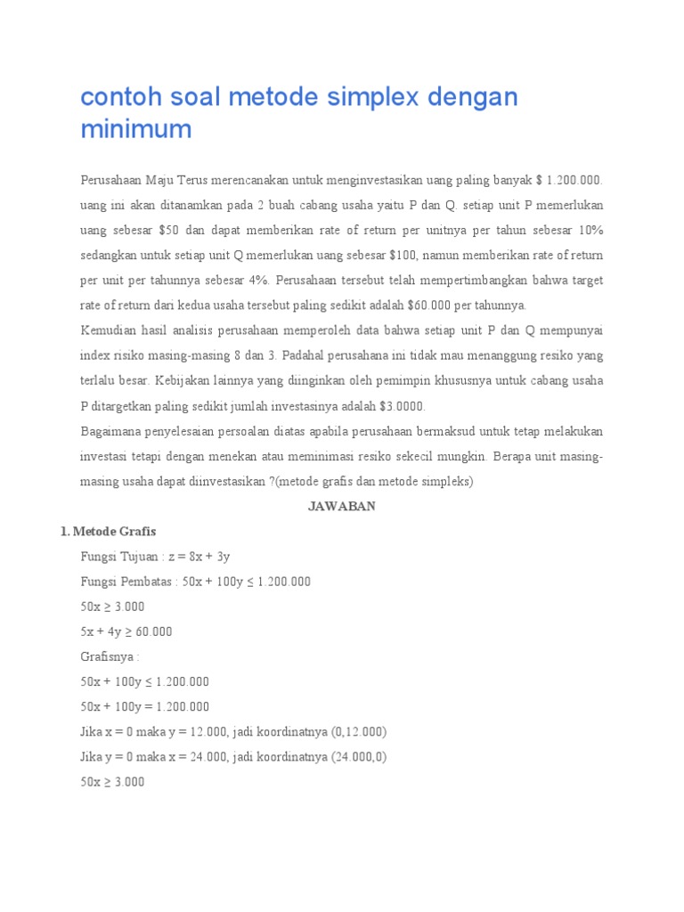 Contoh Soal Metode Simpleks Max Dan Min