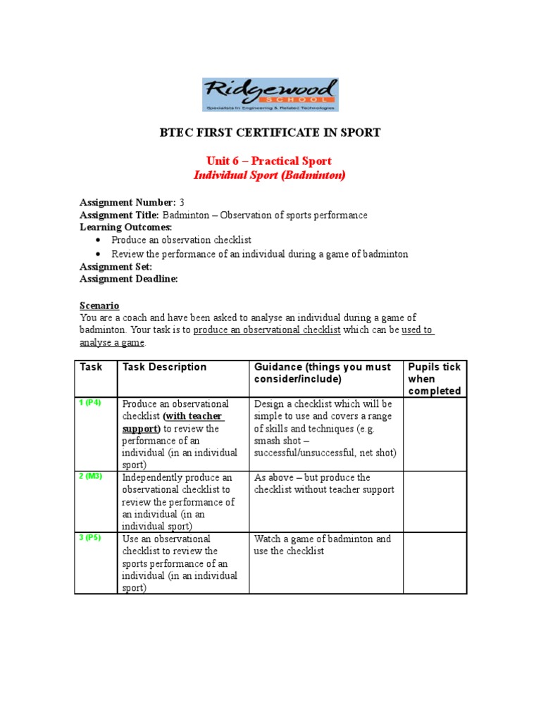 Badminton Observation Checklist Behavior Modification Education Theory
