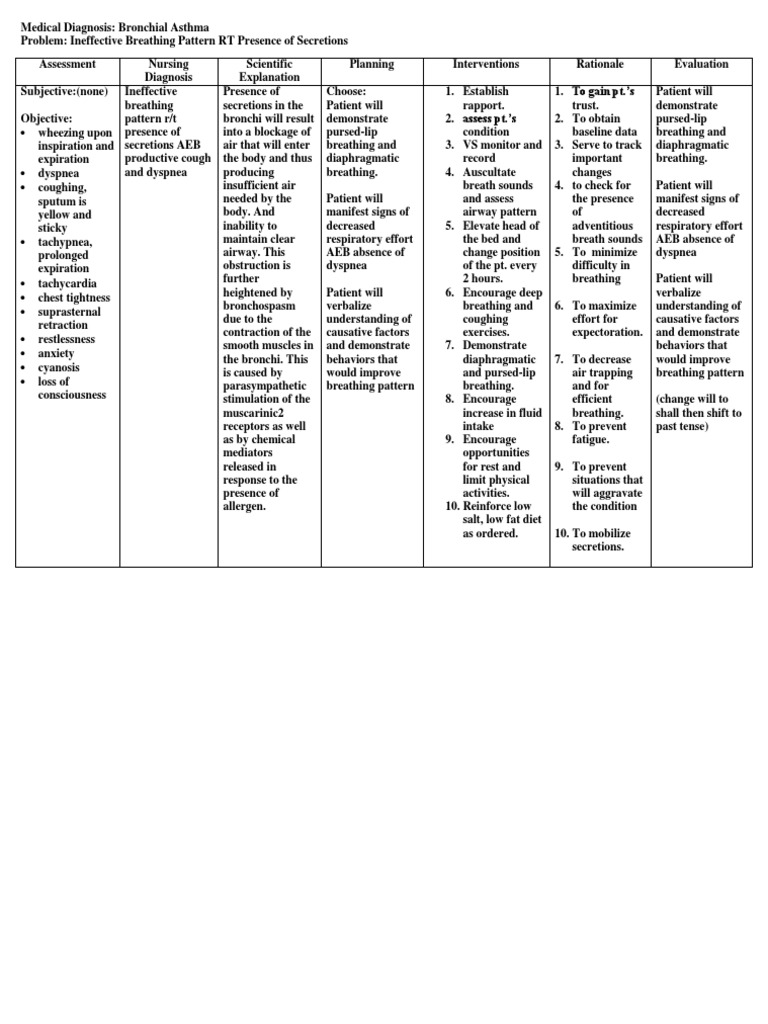 Asthma Nursing Care Plan Ineffective Breathing Pattern Dyspnea