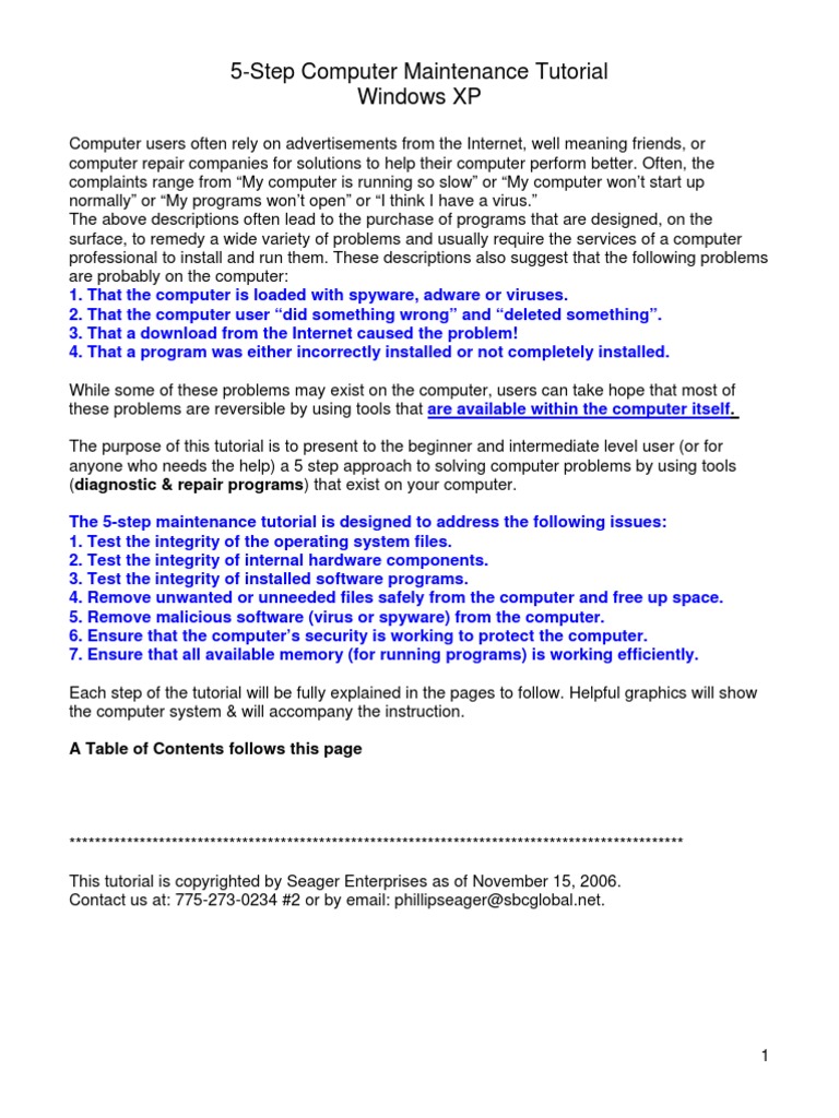 5Step Computer Maintenance Tutorial Windows XP PDF Spyware Computer Virus