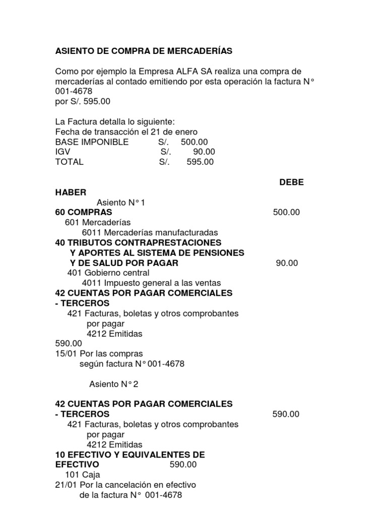 Asiento De Compra De Mercaderías Pdf Contabilidad Factura