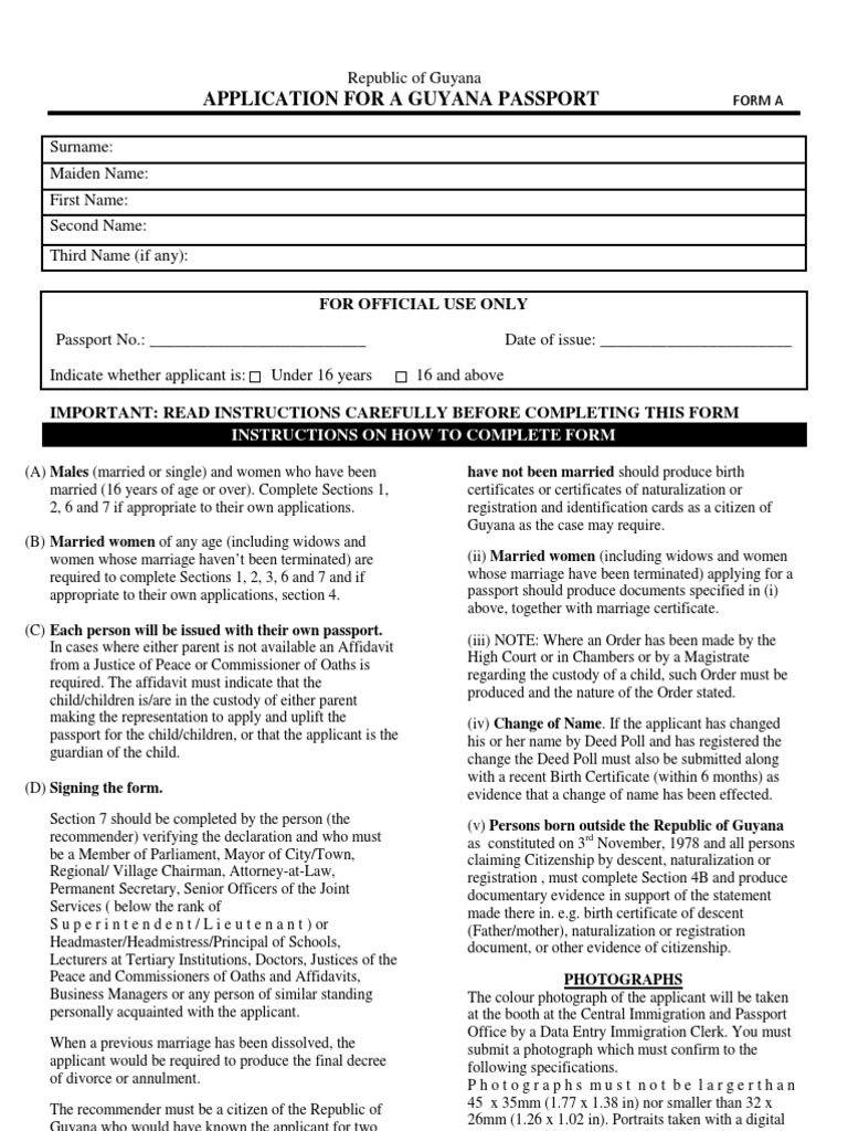 Application For A Guyana Passport For Official Use Only PDF
