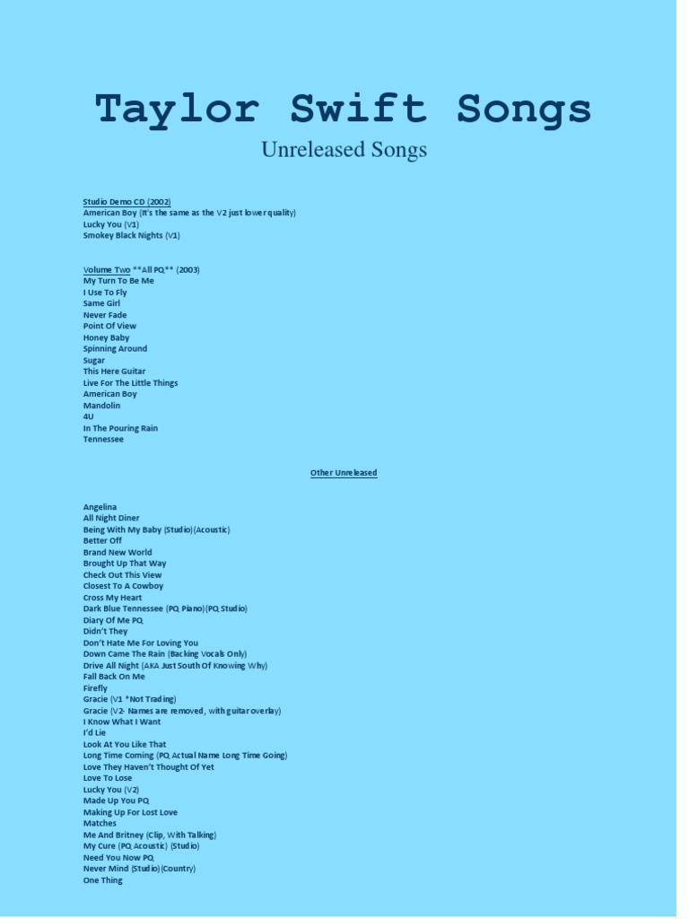 Taylor Swift Unreleased Songs List | PDF | Popular Music | Pop Music