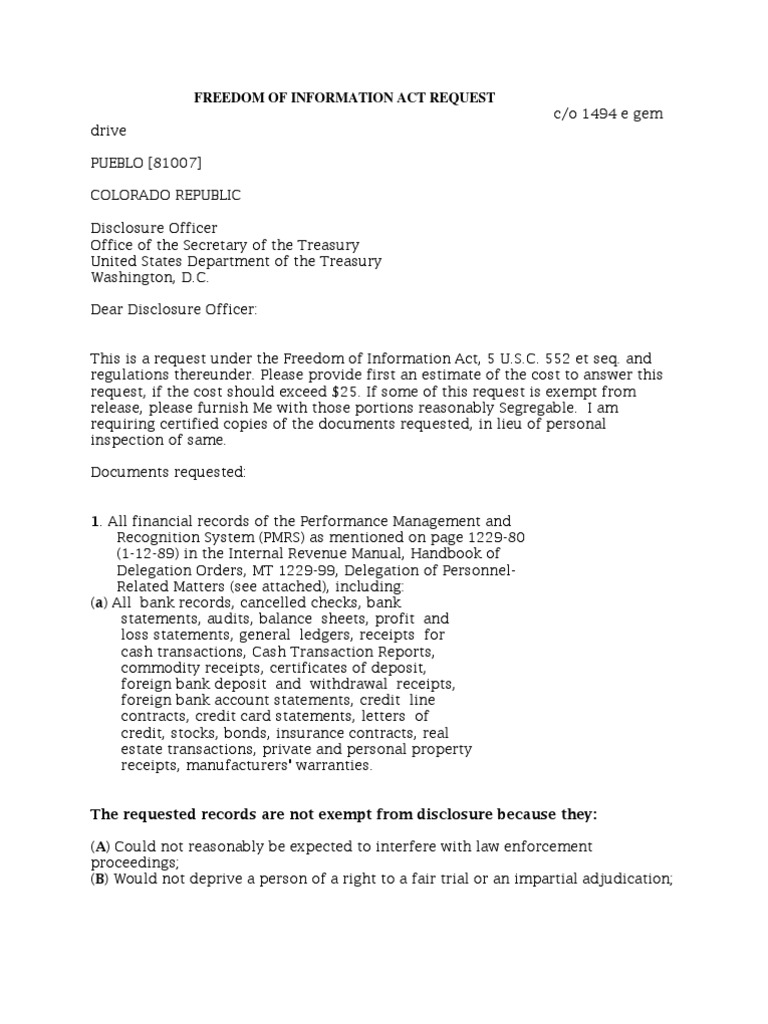 Freedom of Information Act Request For Department of Treasury | PDF ...