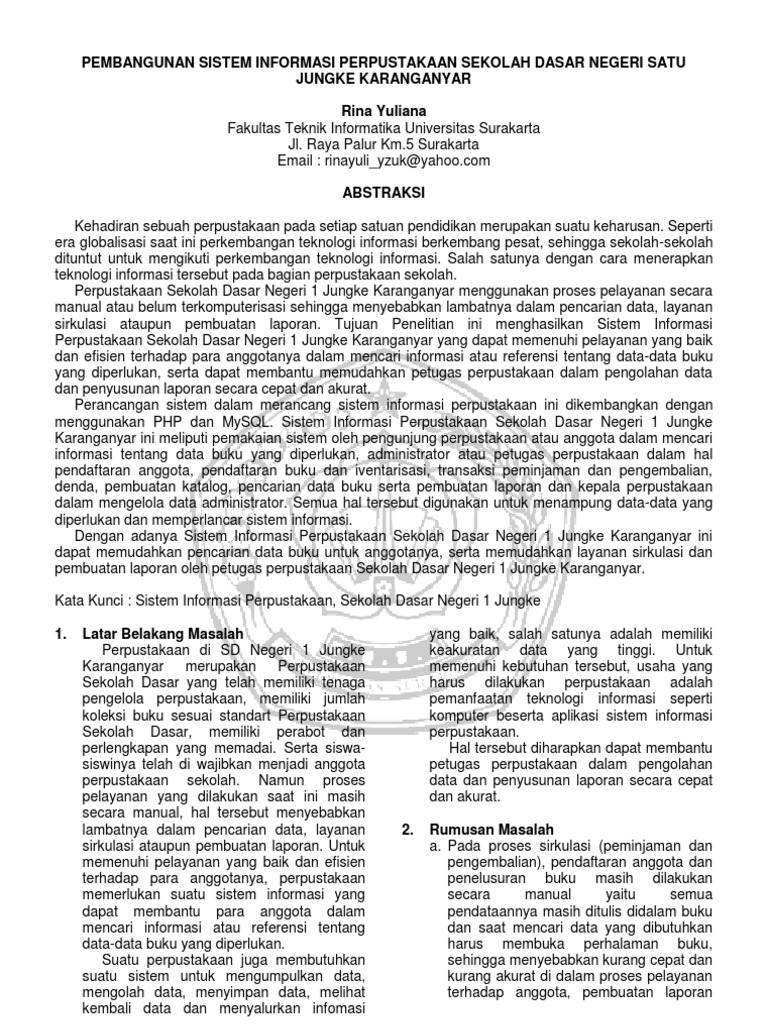 Makalah Pembangunan Sistem Informasi Perpustakaan Sekolah Dasar Negeri Satu Jungke Karanganyar