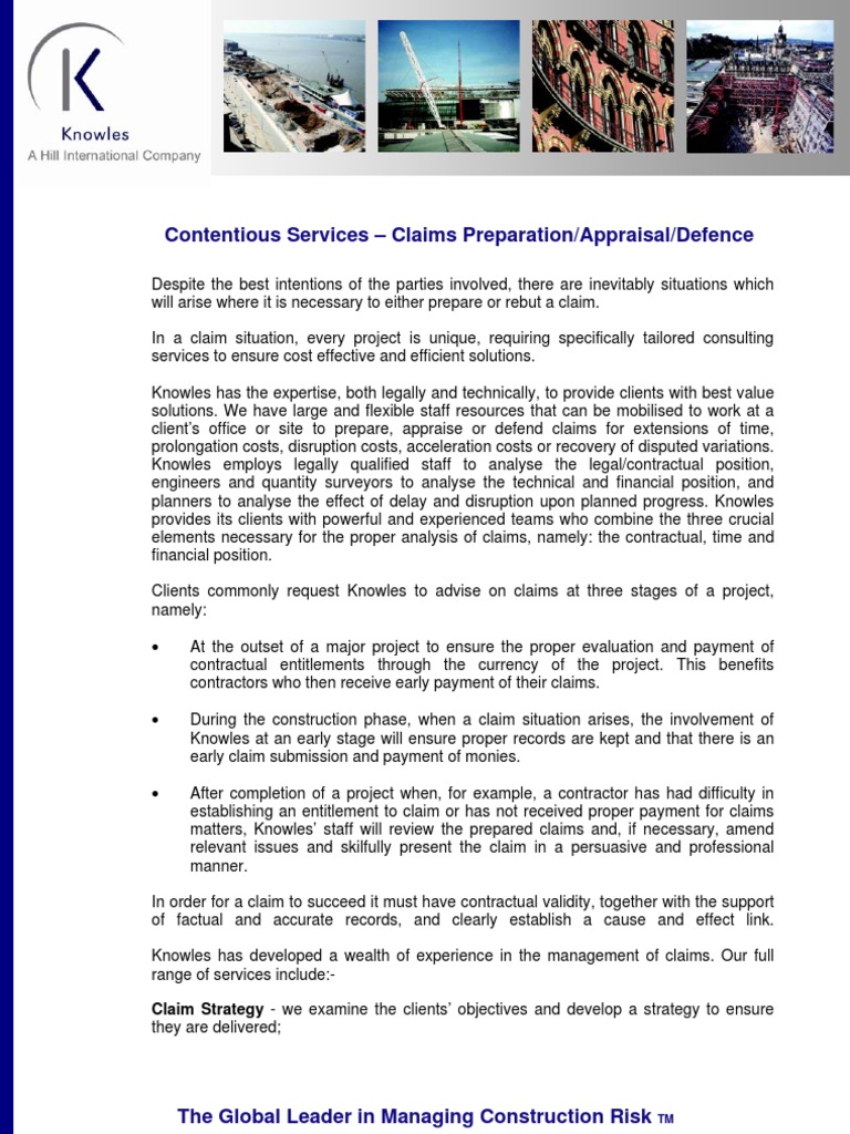 Contentious Services - Claims Preparation/Appraisal/Defence | PDF ...
