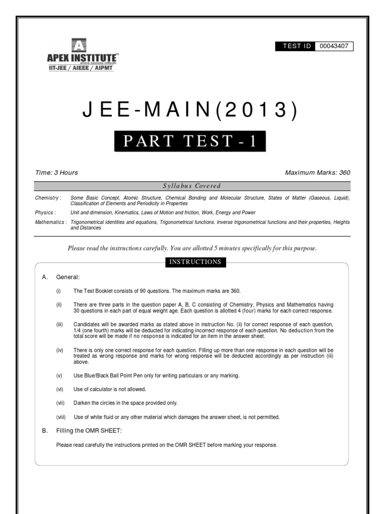 JEE-MAIN - Part Test - 1 - Paper | PDF | Sine | Ionic Bonding