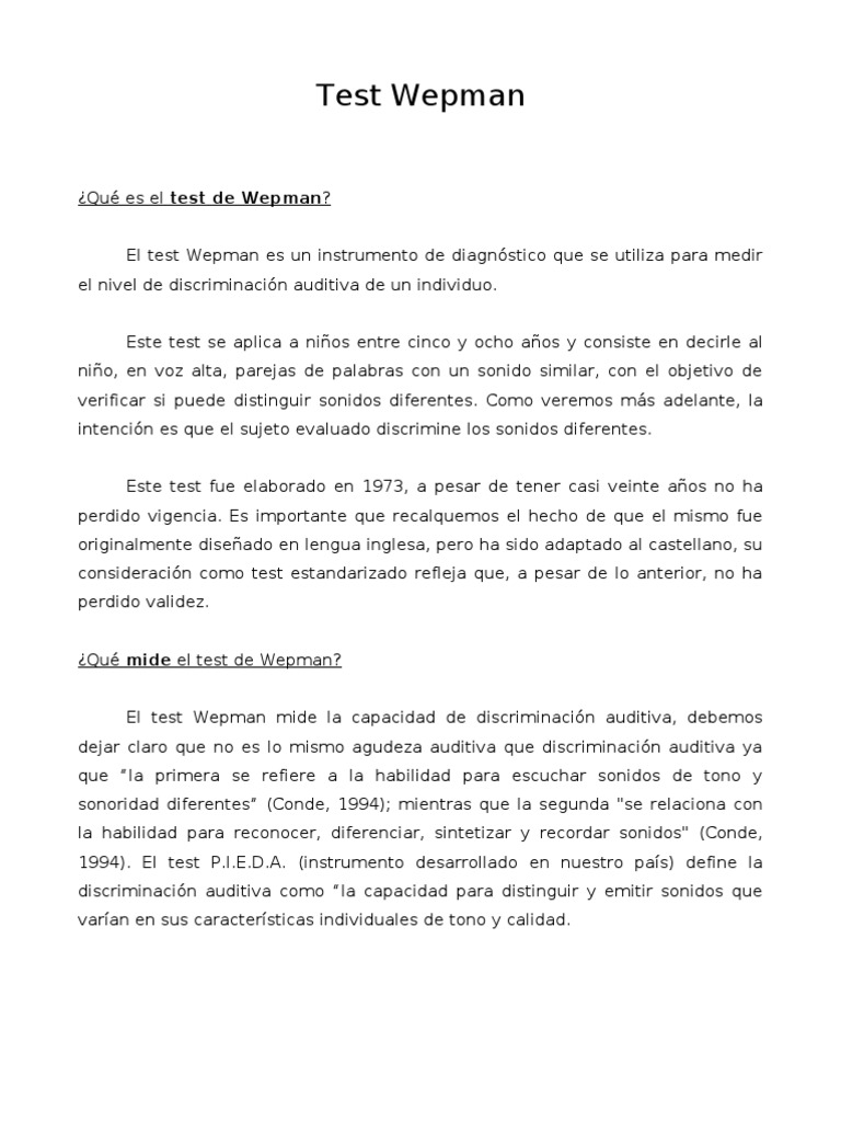 Test de Wepman: Discriminación Auditiva | PDF | Discriminación ...