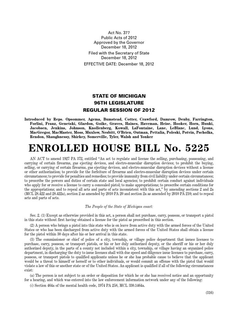 Michigan Gun Laws HB 5225 U.S. State License