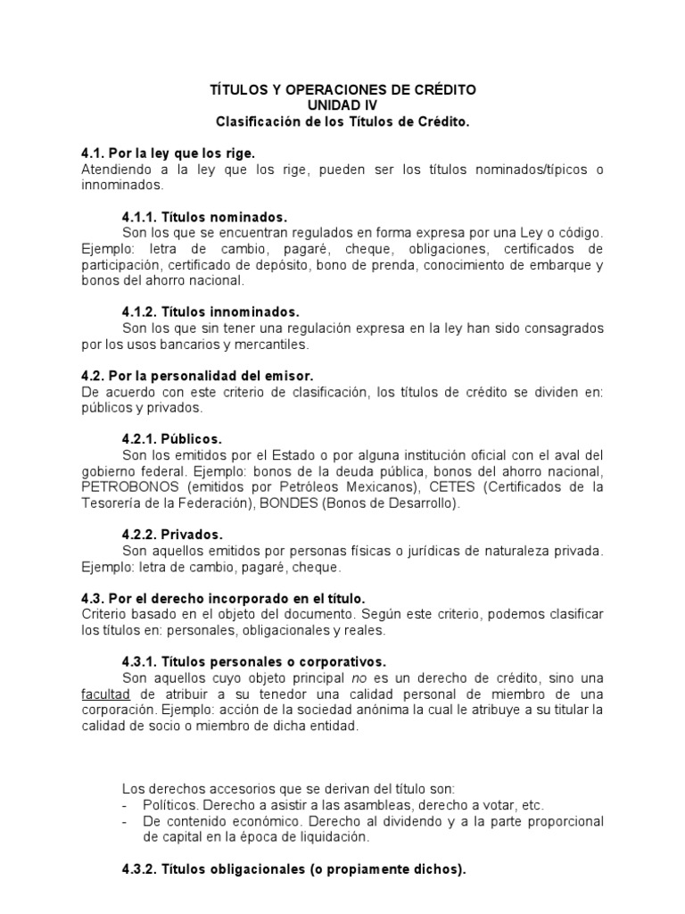 CLASIFICACIÓN DE LOS TITULOS DE CREDITO
