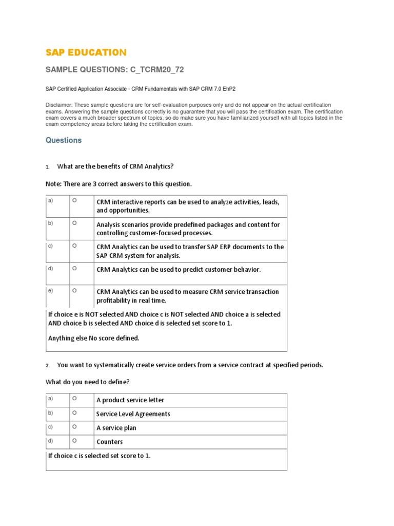 SAP CRM Certification Sample Questions | PDF | Customer Relationship ...