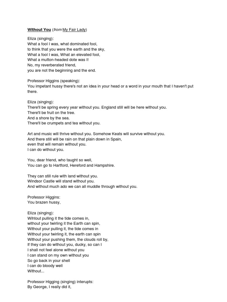 Without You My Fair Lady Lyrics PDF Poetry