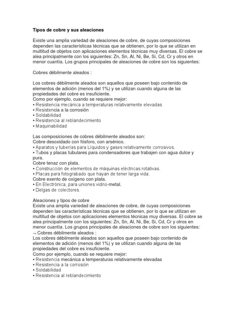 Tipos y aleaciones de cobre | PDF | Cobre | Aleación