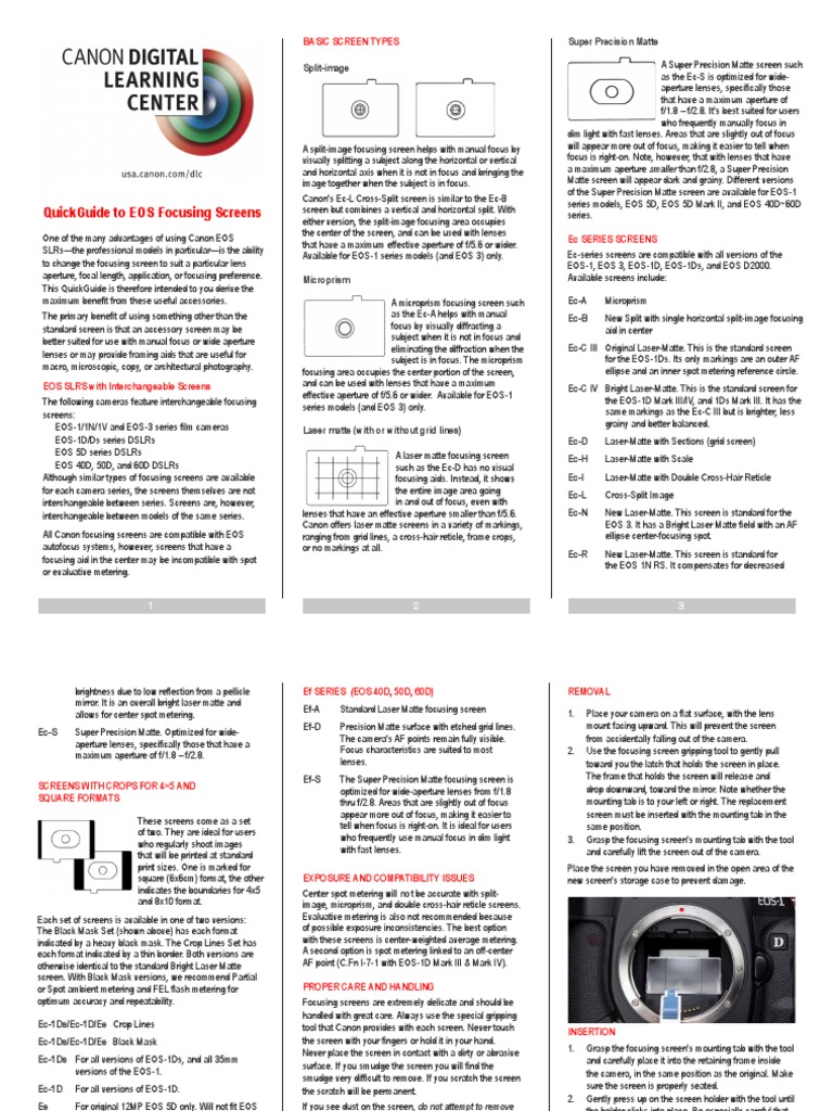 Canon EOS Focusing Screens Guide | PDF | Home & Garden