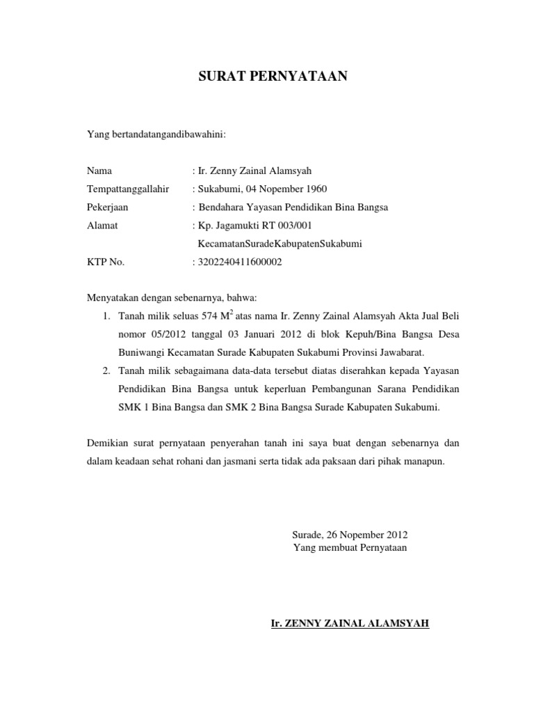 Surat Pernyataan Ir Zenny Zainal Alamsyah