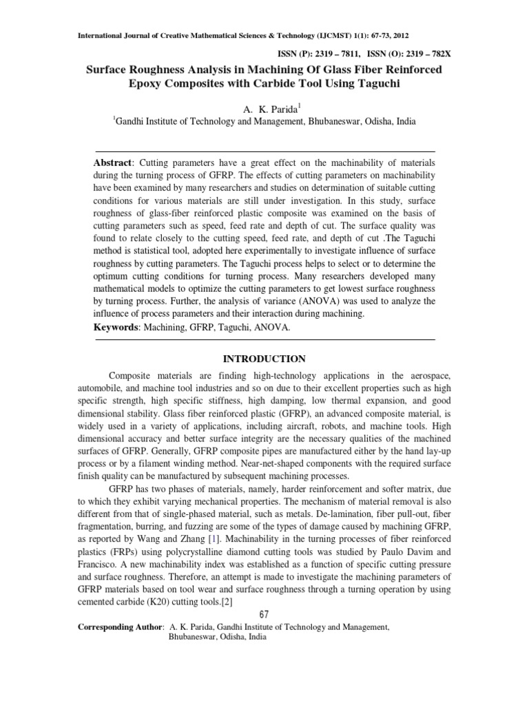 Surface Roughness Analysis in Machining of Glass Fiber Reinforced Epoxy