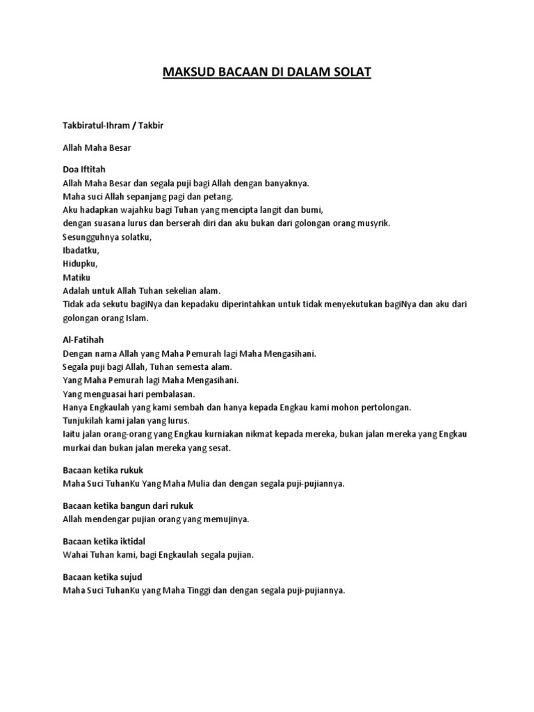 Maksud Bacaan Di Dalam Solat Takbiratul Ihram Takbir