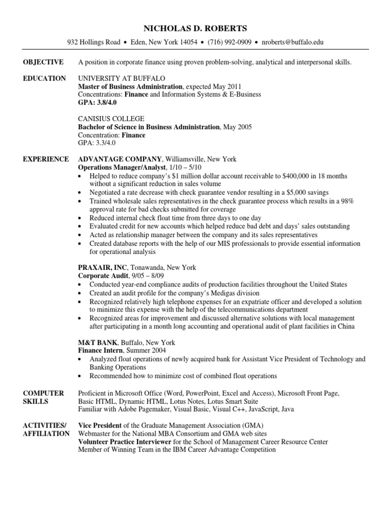 summary on resume for business administration