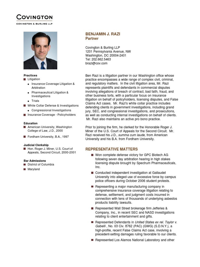 Benjamin Razi: Litigation Expertise at Covington | PDF | Lawsuit ...