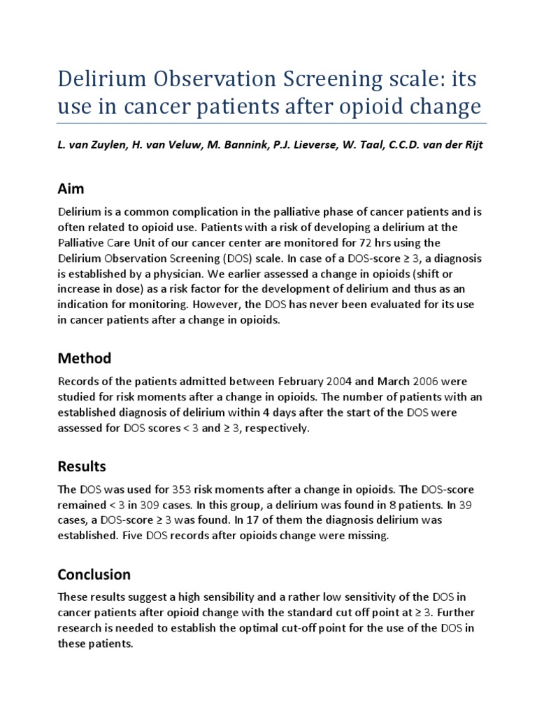 Delirium Observation Screening Scale Its Use in Cancer Patients After