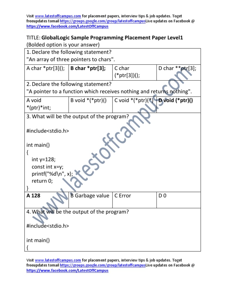 GlobalLogic Programming Placement Questions | PDF | Notation | Software