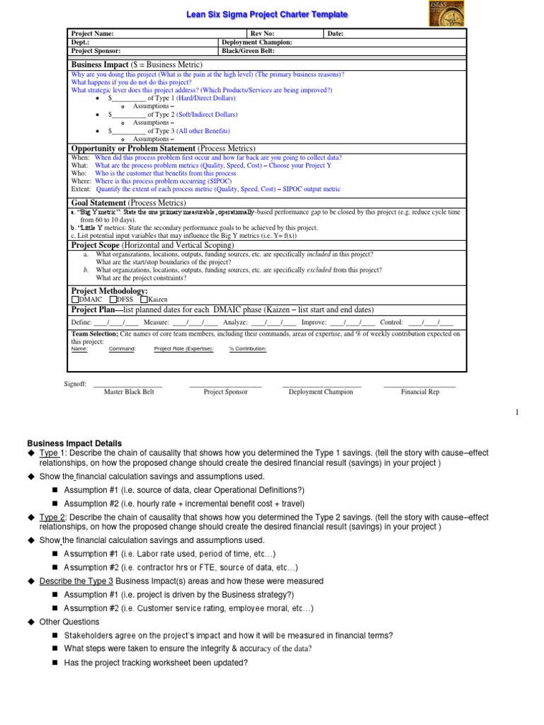 Lean Six Sigma Project Charter Free Template Included