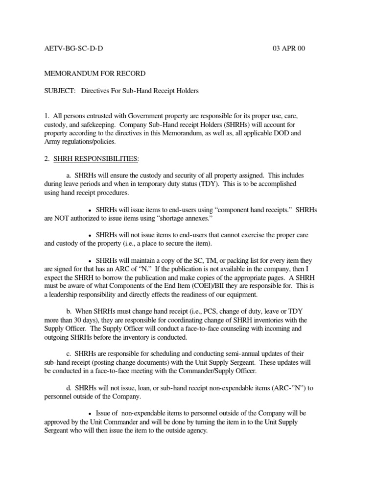 Memo for hand receipt holders Computing Technology