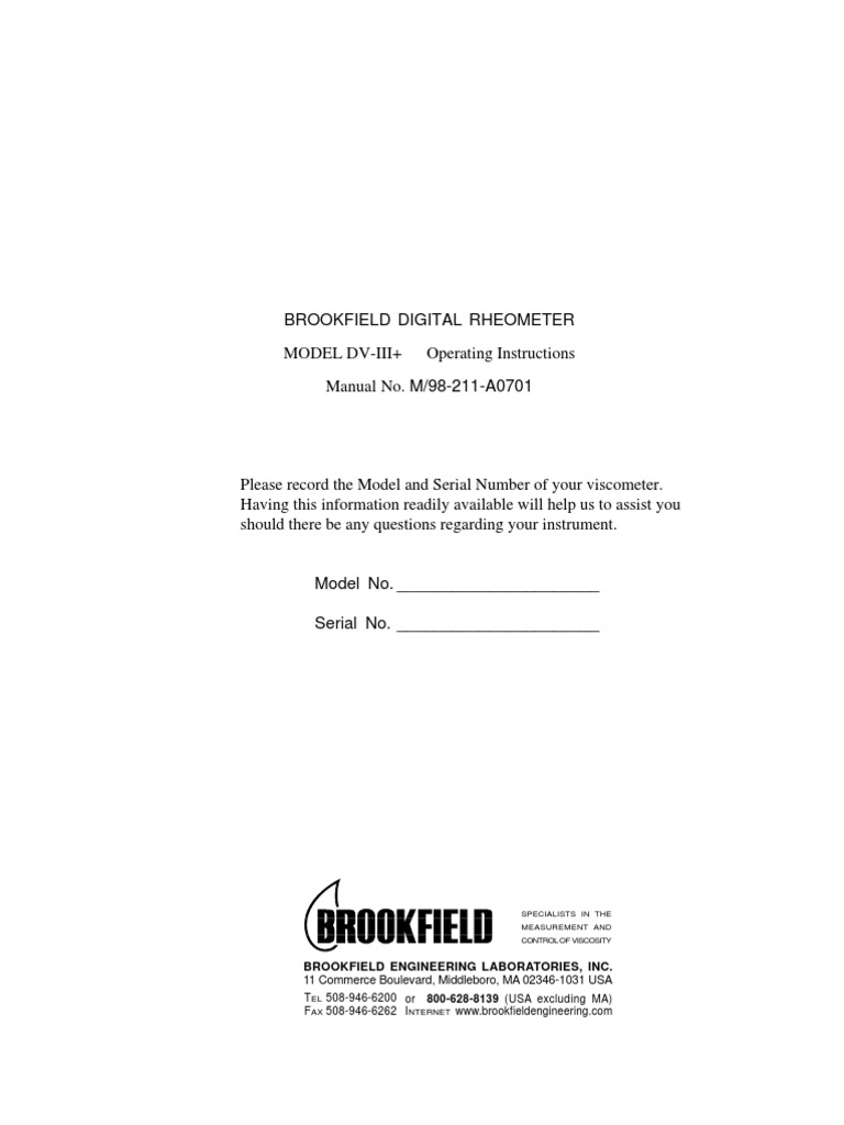 Brookfield Rheometer Manual | PDF | Viscosity | Electrical Connector