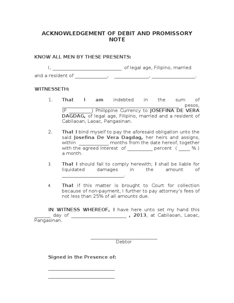 Acknowledgment of Debt and Promissory Note | PDF
