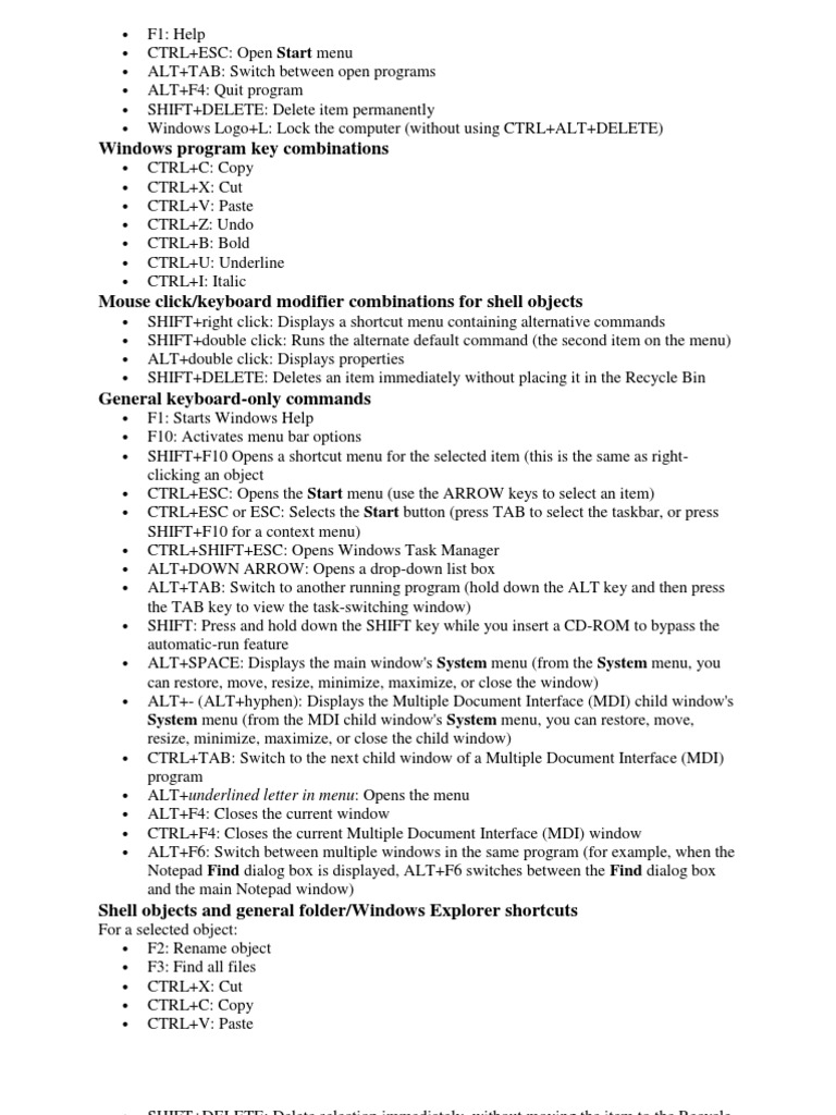 Windows Program Key Combinations: System Menu (From The MDI Child ...