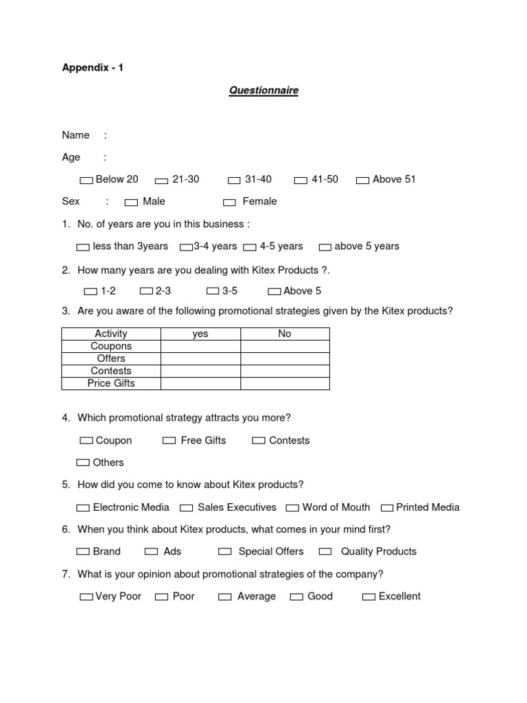 Appendix 1 Questionnaire