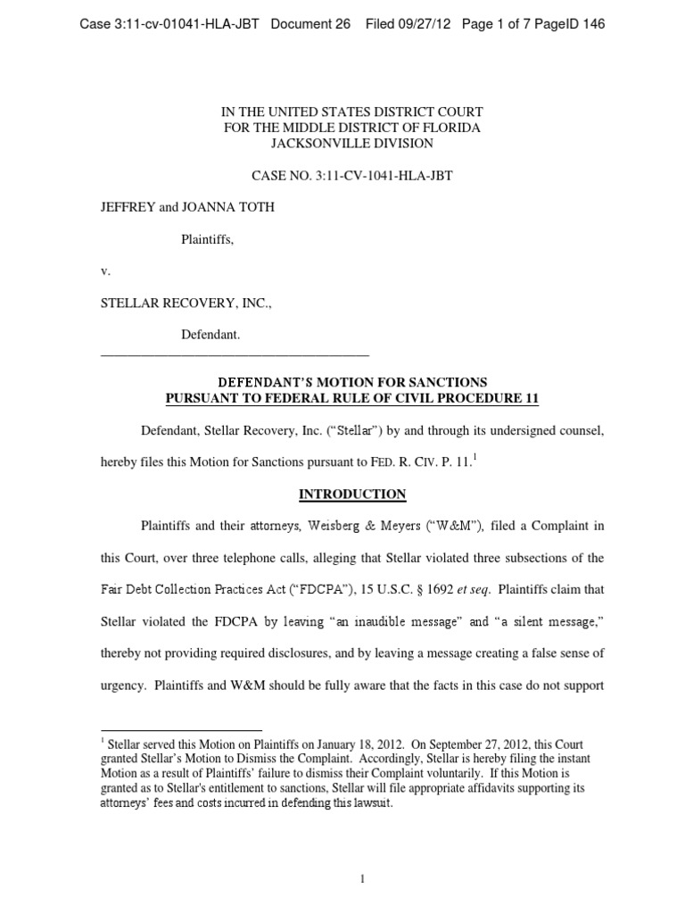 Toth V Stellar Recovery Inc Defendant's Motion For Sanctions Pursuant To FRCP 11 PDF Lawsuit
