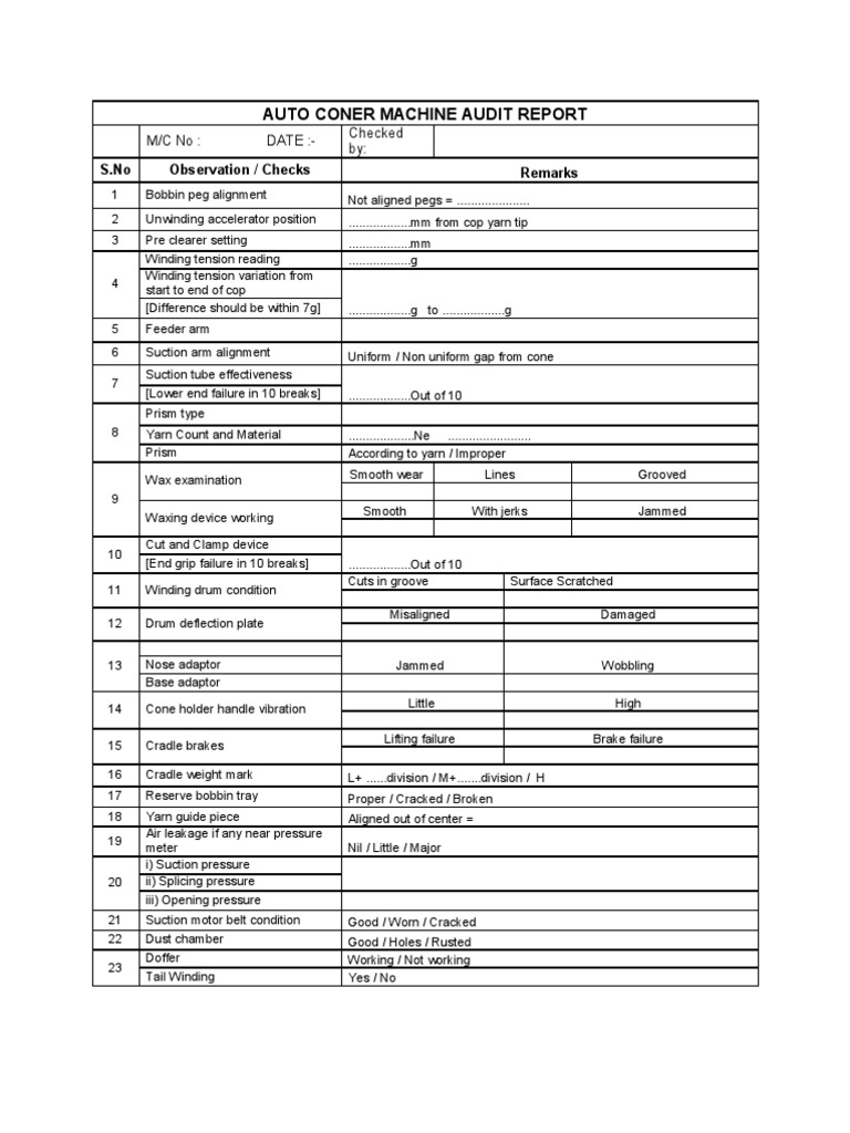 Autoconer Machine Audit Checklist | PDF | Manufactured Goods ...