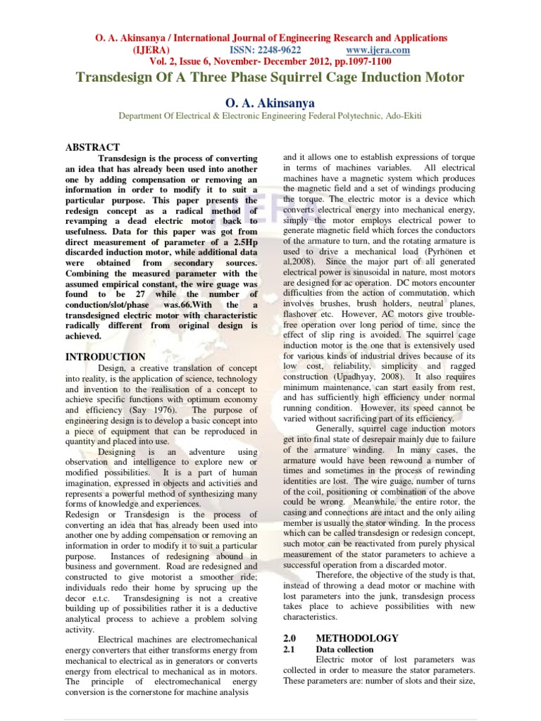 Transdesign Of A Three Phase Squirrel Cage Induction Motor Pdf Pdf