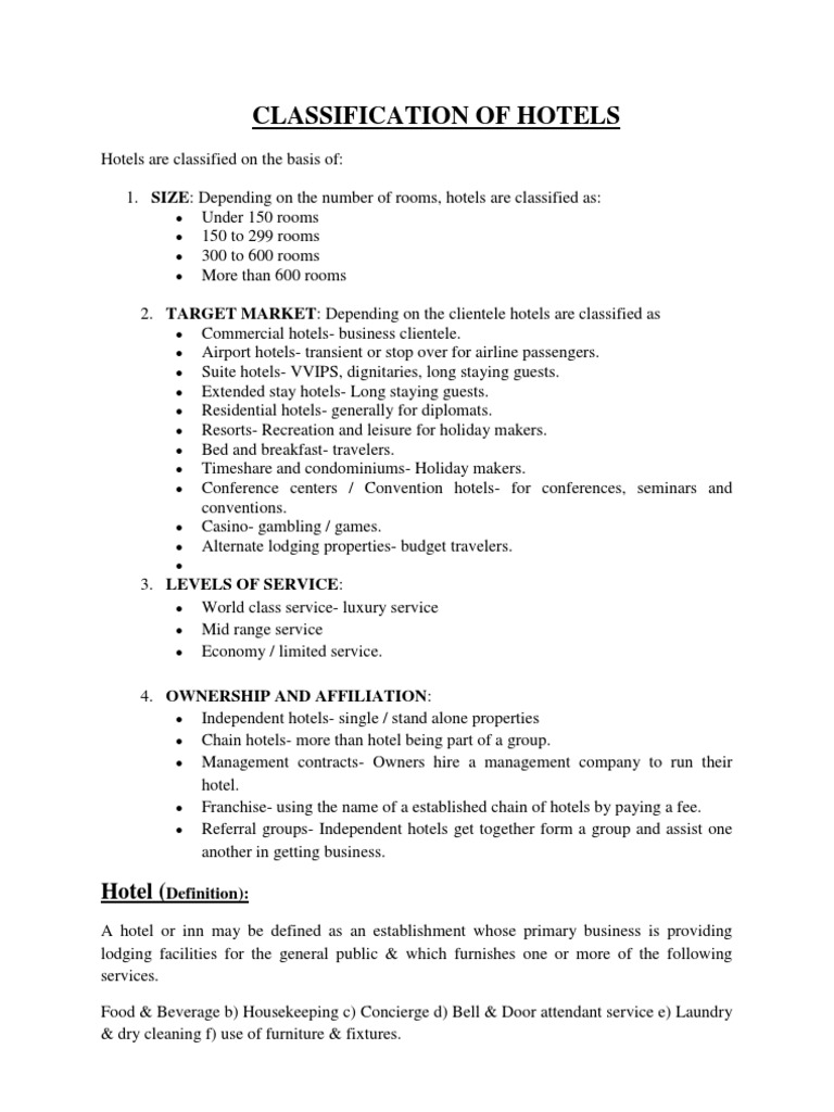 Classification Of Hotels Pdf Resort Hotel