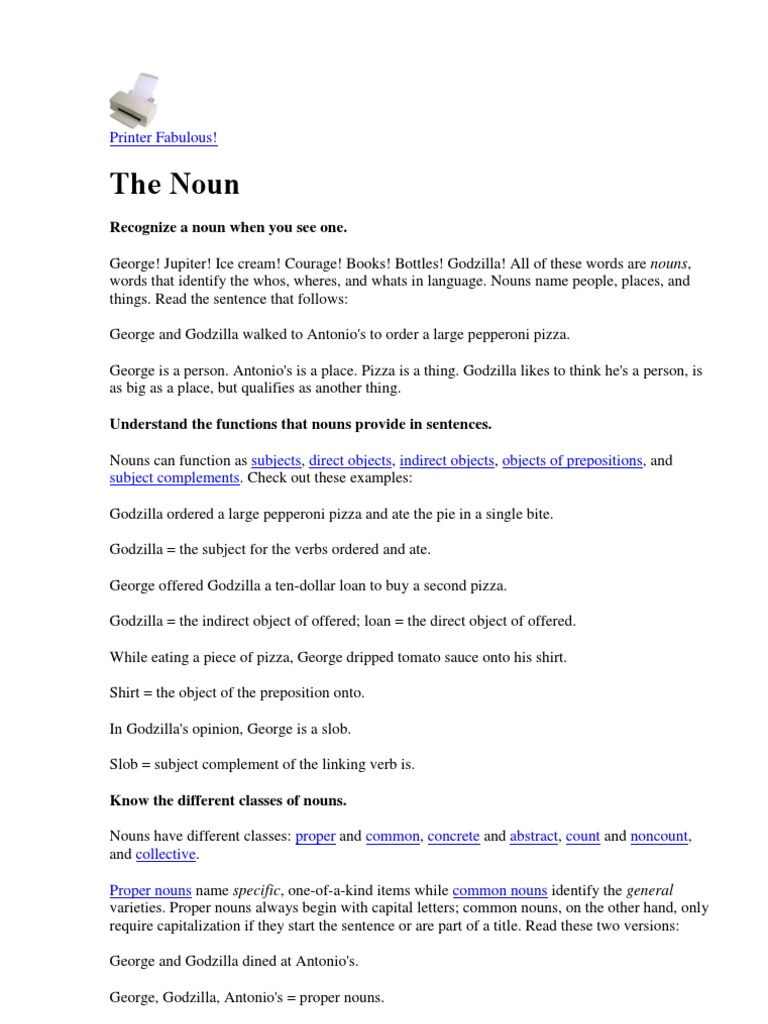 The Noun Printer Fabulous! PDF Grammatical Number Noun