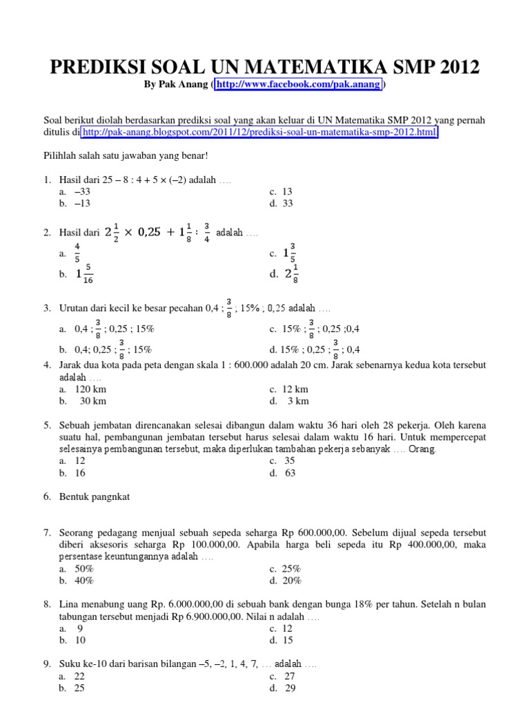 Kumpulan Soal Un Smp Matematika Pdf