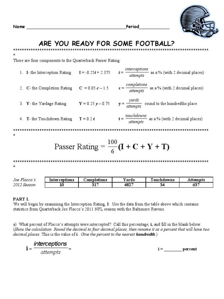 Quarterback Passer Rating Worksheets PDF Percentage National