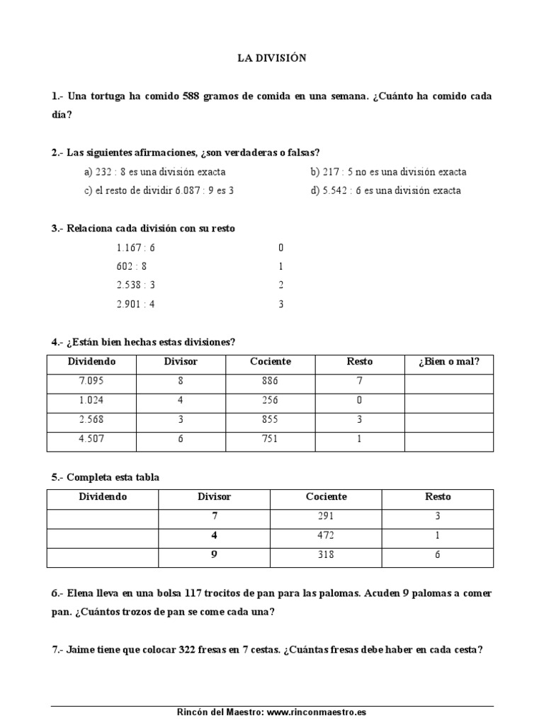 Ejercicios de División para Primaria | PDF | División (Matemáticas ...