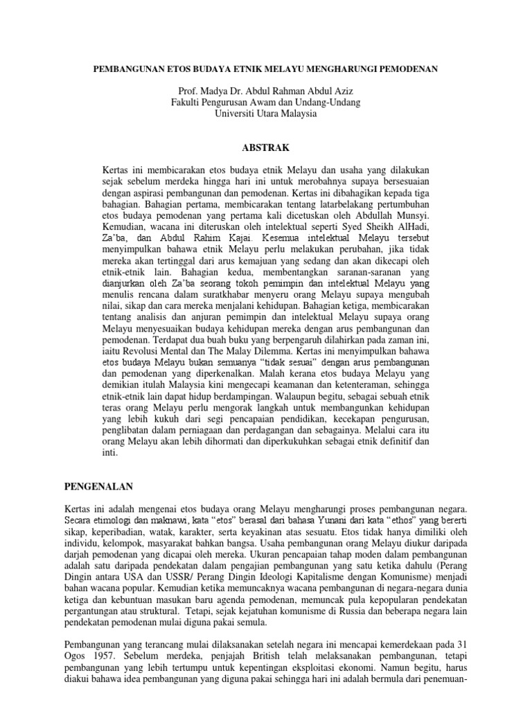 Pembangunan Etos Budaya Etnik Melayu Mengharungi Pemodenan Pdf Pdf